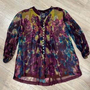 Casual Studio 3/4 sleeve watercolor inspired sheer blouse, S
